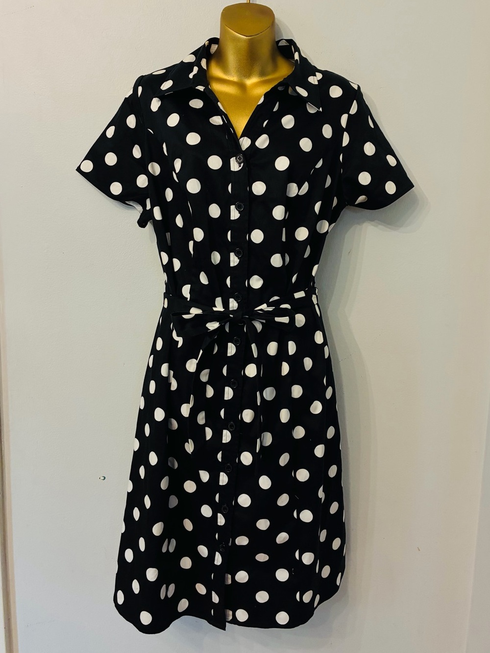 Lane Bryant Polka Dot Shirt Dress Size 16 Black White Belted Midi - Picture 3 of 6